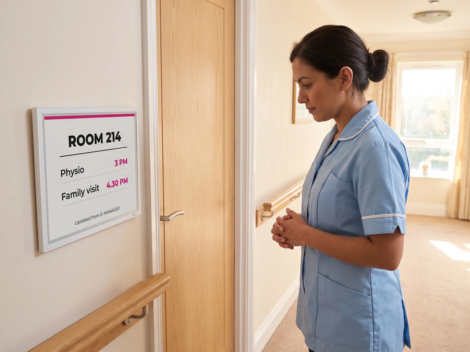 Care assistant reading the e-paper panel beside a resident’s bedroom door before knocking