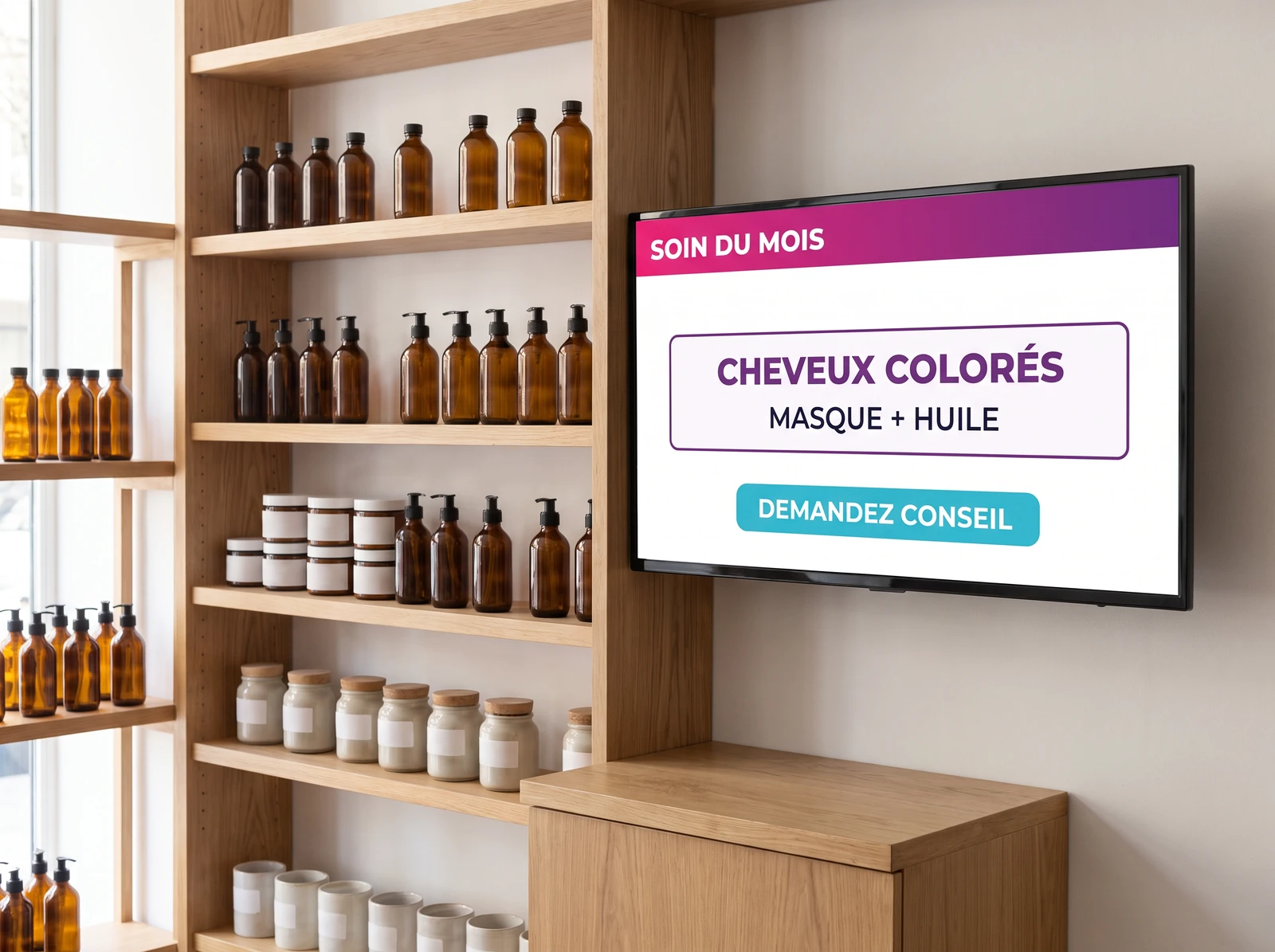 &Eacute;cran au-dessus des &eacute;tag&egrave;res de produits d&rsquo;un salon de coiffure