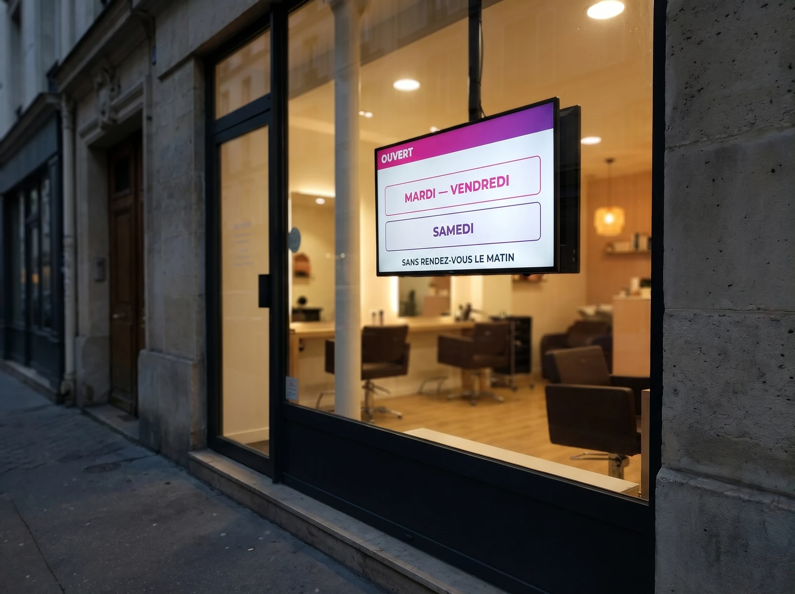 &Eacute;cran d&rsquo;affichage en vitrine d&rsquo;un salon de coiffure, vu depuis le trottoir &agrave; la tomb&eacute;e du jour