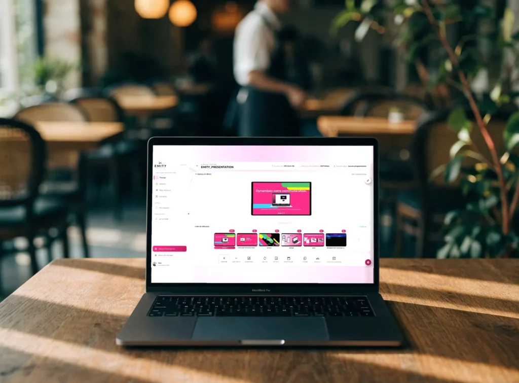 The EMITY platform open in a browser on a laptop, sitting on a restaurant table