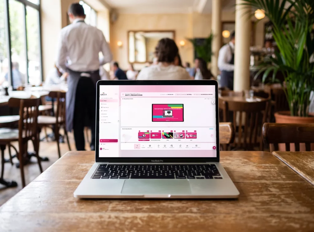 La plataforma EMITY abierta en un navegador en un portátil, sobre la mesa de un restaurante