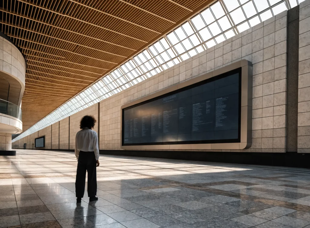 A person seen from behind, several metres back, reading a very large information screen in a lobby with deep perspective