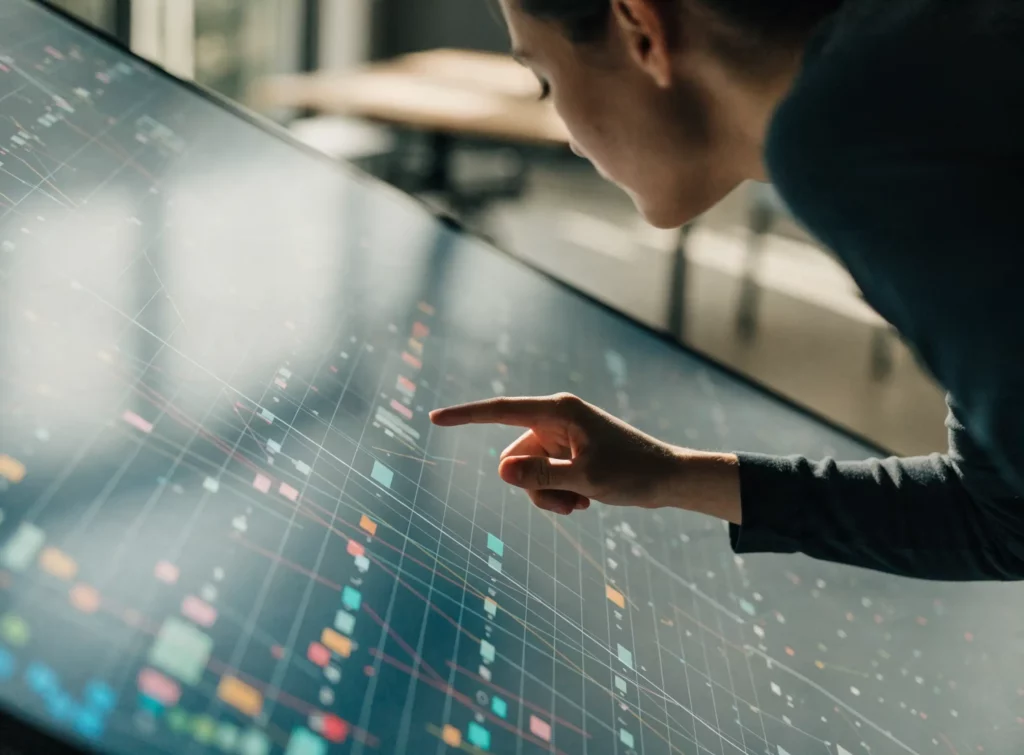 A person leaning in close to a large screen showing a very dense data visualisation, finger pointing at one detail