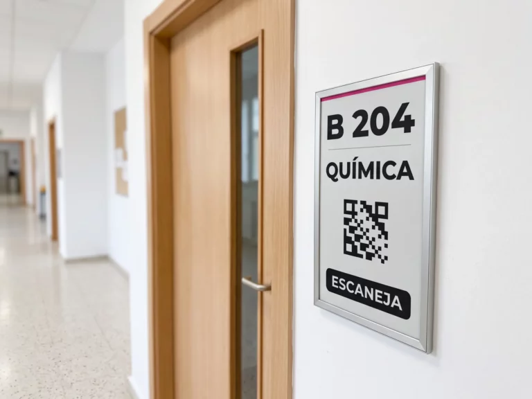 Panell de paper electrònic al costat de la porta d'una aula mostrant l'aula, la classe i un codi QR d'assistència