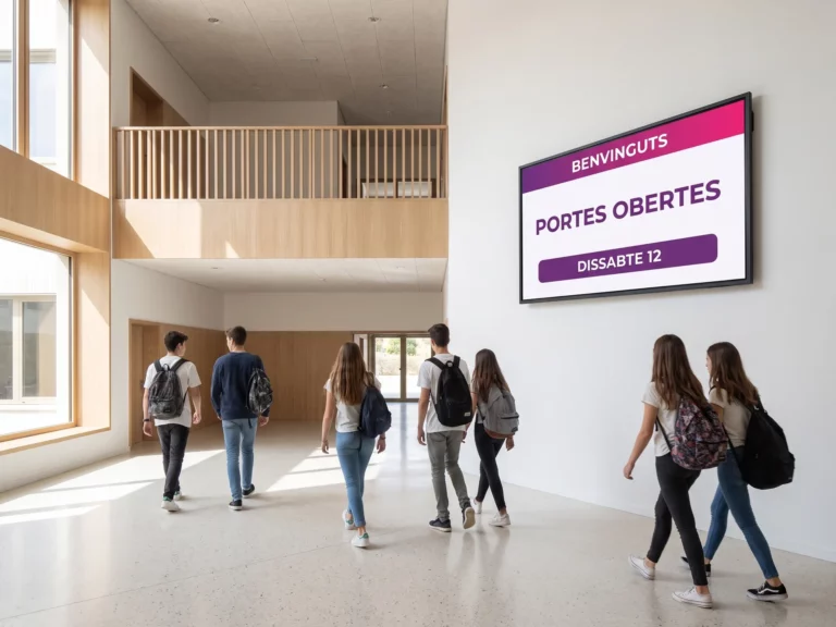 Alumnes creuant el vestíbul d'un centre educatiu davant d'una pantalla mural que anuncia la jornada de portes obertes