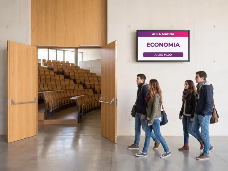 Estudiants passant davant d'una pantalla situada davant d'una aula magna universitària que mostra la classe en curs