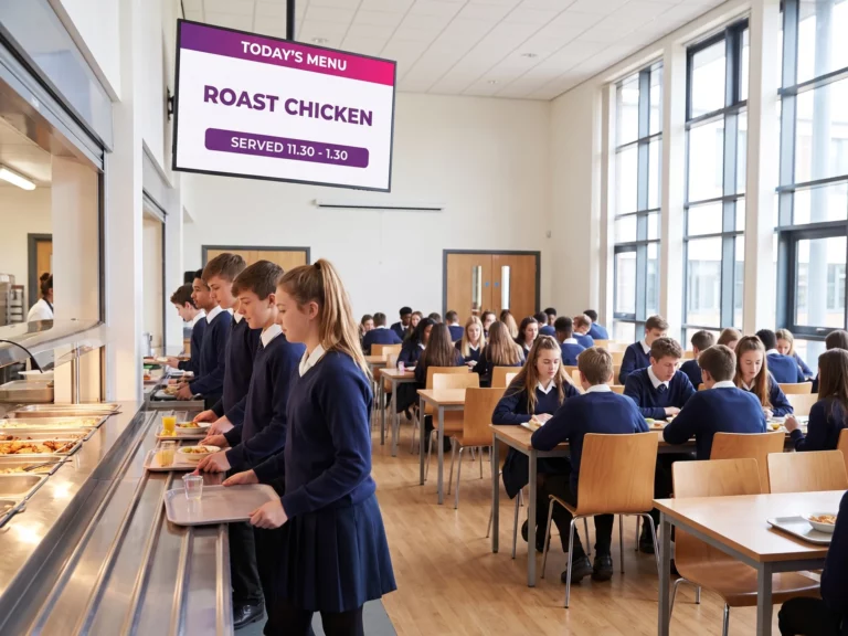 Screen above the serving counter of a school dining hall showing today's main course and serving times