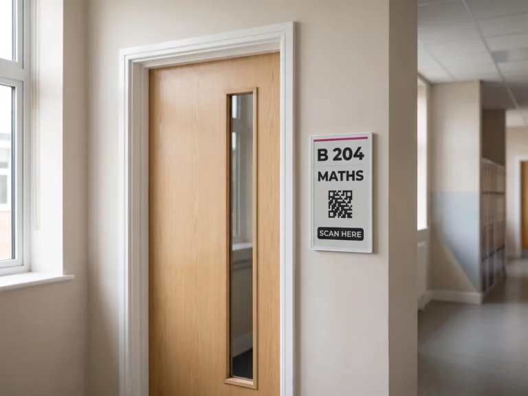 Electronic paper panel beside a classroom door showing the room, the lesson and a QR code for attendance