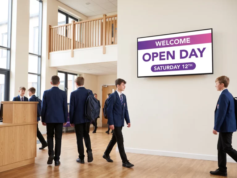 Pupils in uniform crossing the entrance hall of a British school past a wall screen announcing the open day