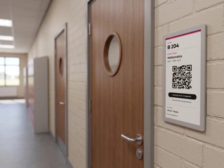 E-paper panel beside a classroom door showing a QR code for registering attendance
