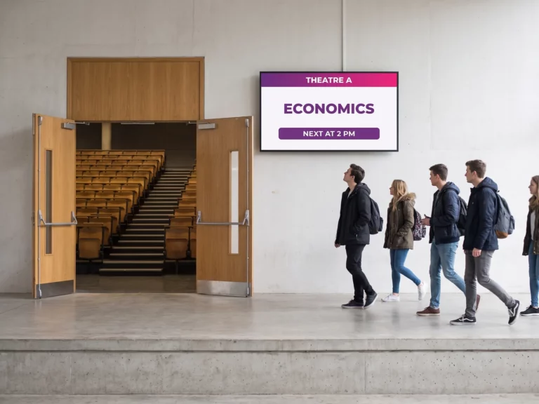 Students walking past a screen outside a university lecture theatre showing the current lecture