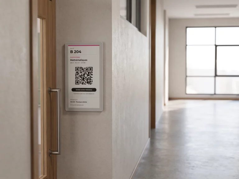 Dalle e-paper à côté d'une salle de cours affichant un QR code d'émargement de présence