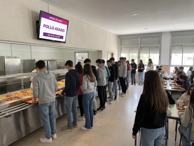 Pantalla sobre la barra de servicio del comedor de un centro educativo mostrando el plato principal del día y los turnos