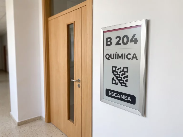 Panel de papel electrónico junto a la puerta de un aula mostrando el aula, la clase y un código QR de asistencia