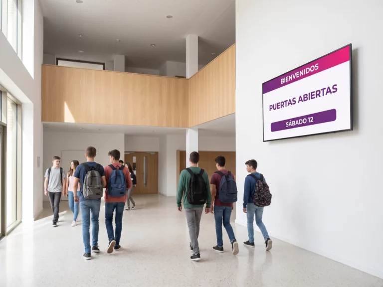 Alumnos cruzando el vestíbulo de un centro educativo ante una pantalla mural que anuncia la jornada de puertas abiertas