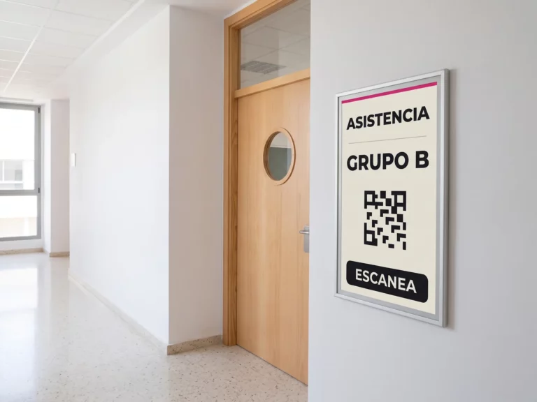 Panel de papel electrónico junto a la puerta de un aula mostrando un código QR para registrar la asistencia