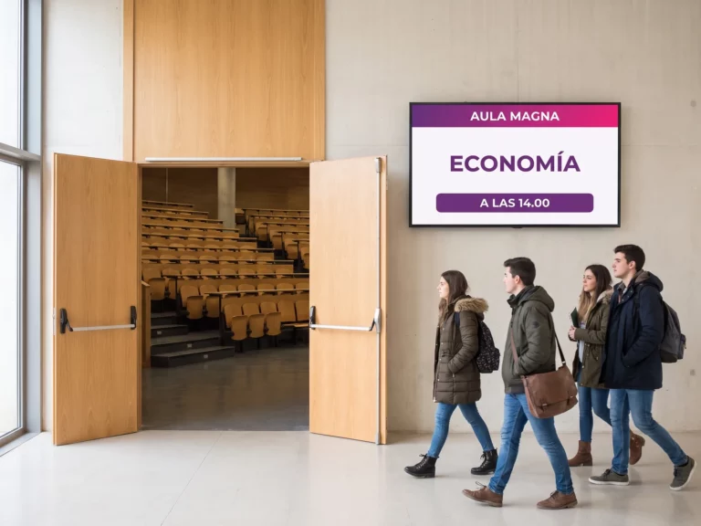 Estudiantes pasando ante una pantalla situada delante de un aula magna universitaria que muestra la clase en curso