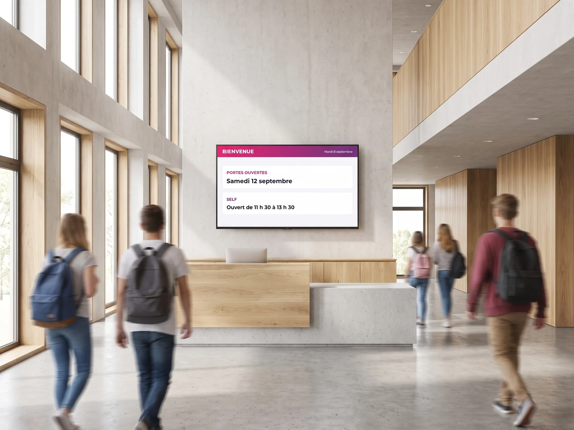 Écran d'affichage dynamique dans le hall d'accueil d'un lycée
