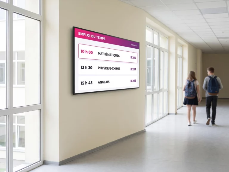 Écran affichant l'emploi du temps et les changements de salle dans un établissement scolaire