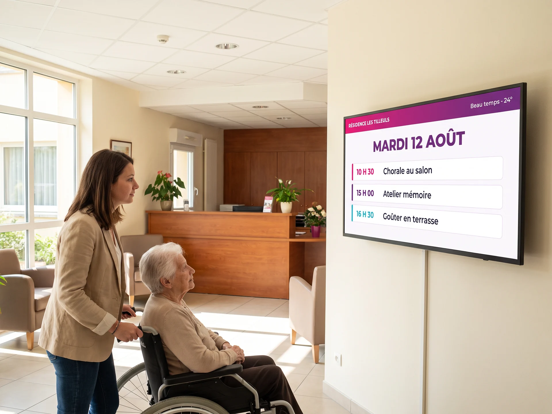 Une visiteuse et une résidente en fauteuil roulant consultent l’écran du hall d’accueil, qui affiche la date du jour et les animations