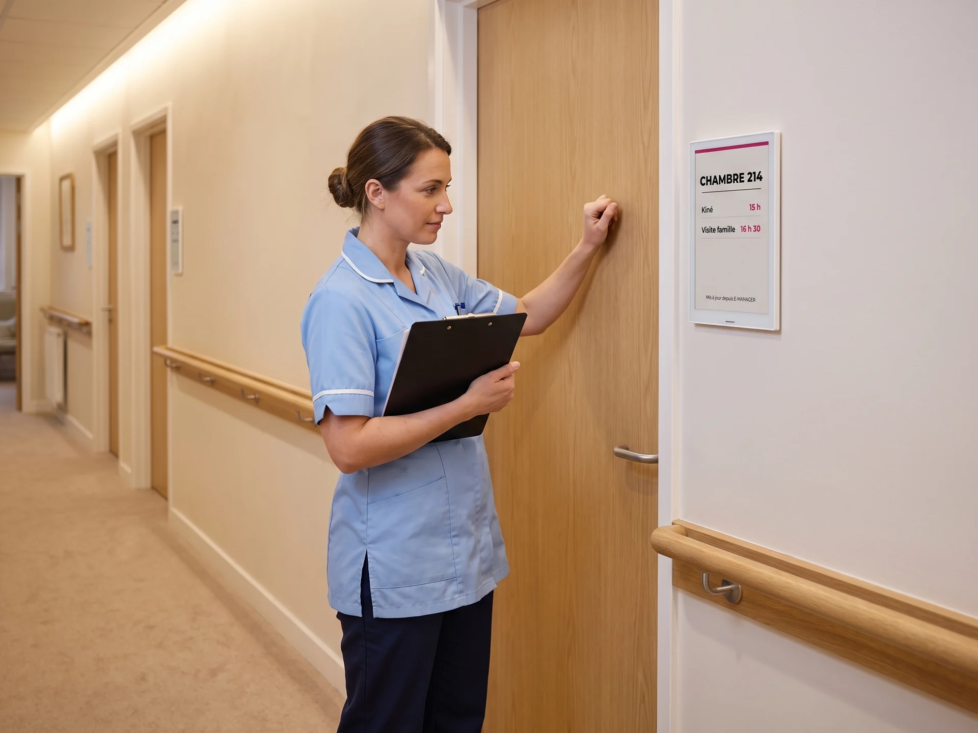 Une soignante consulte la plaque e-paper posée à côté d’une porte de chambre avant de frapper