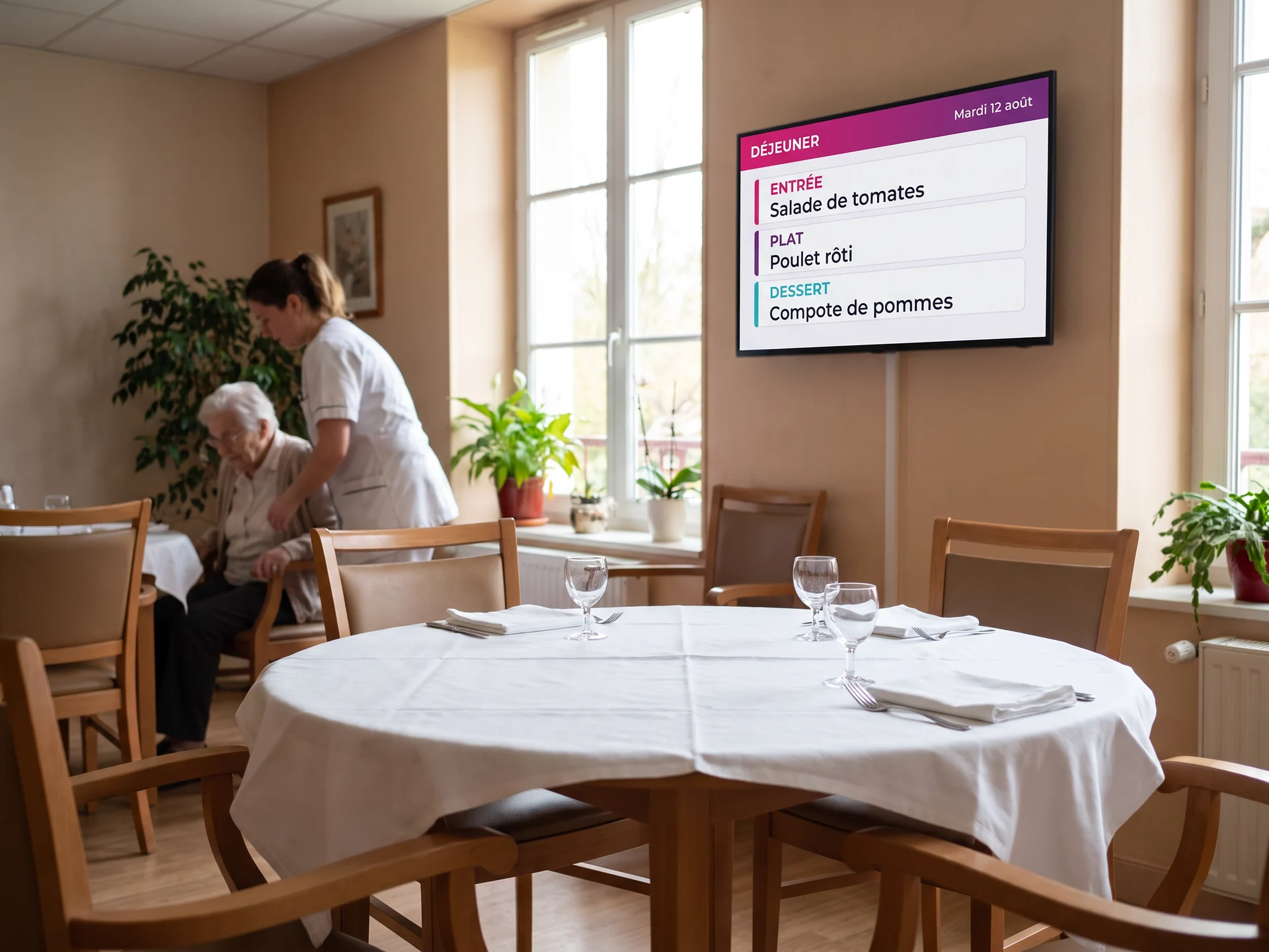 Table dressée dans la salle à manger, devant l’écran affichant le menu du déjeuner
