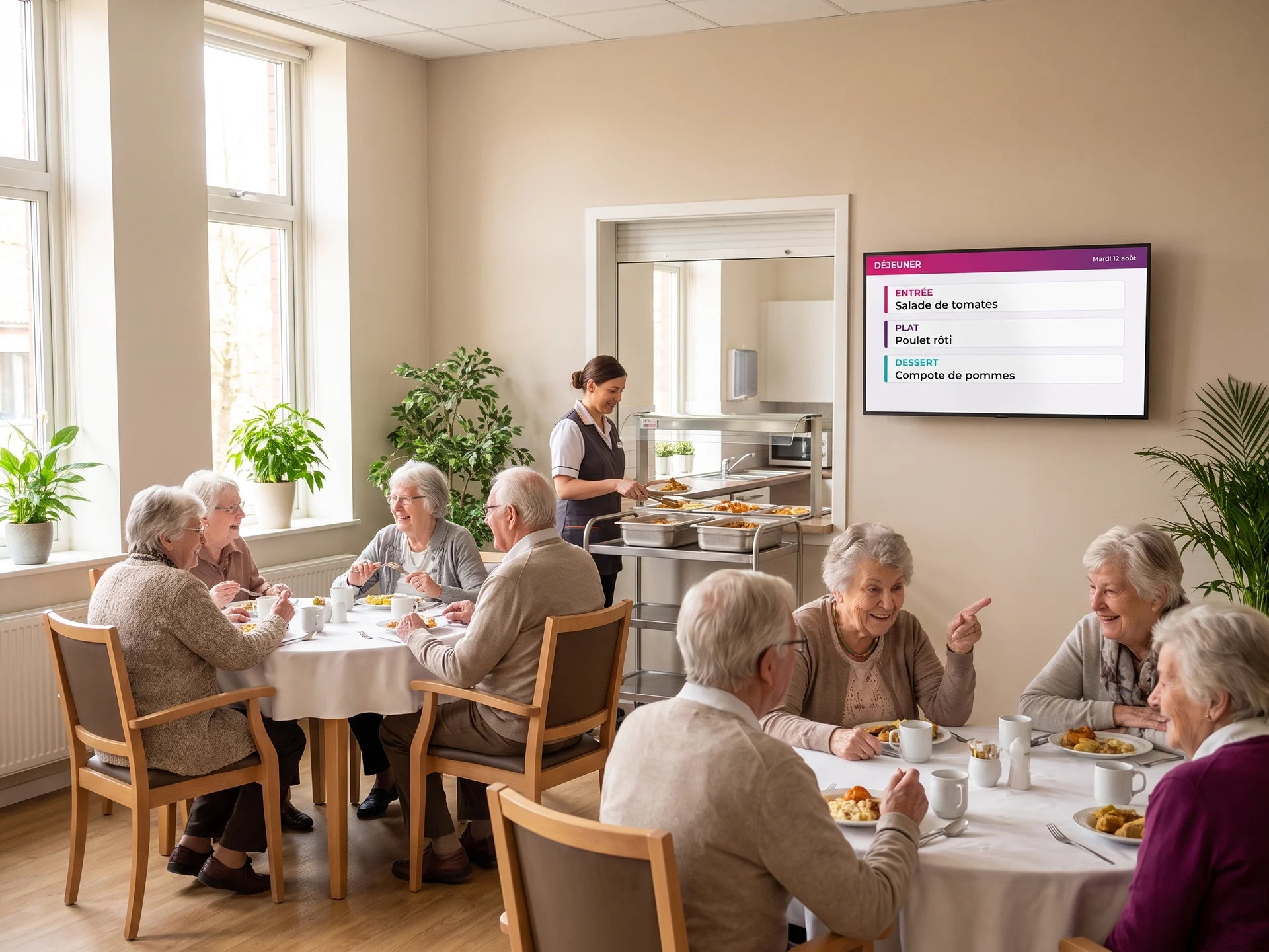 Écran affichant le menu du jour dans la salle à manger d'un établissement