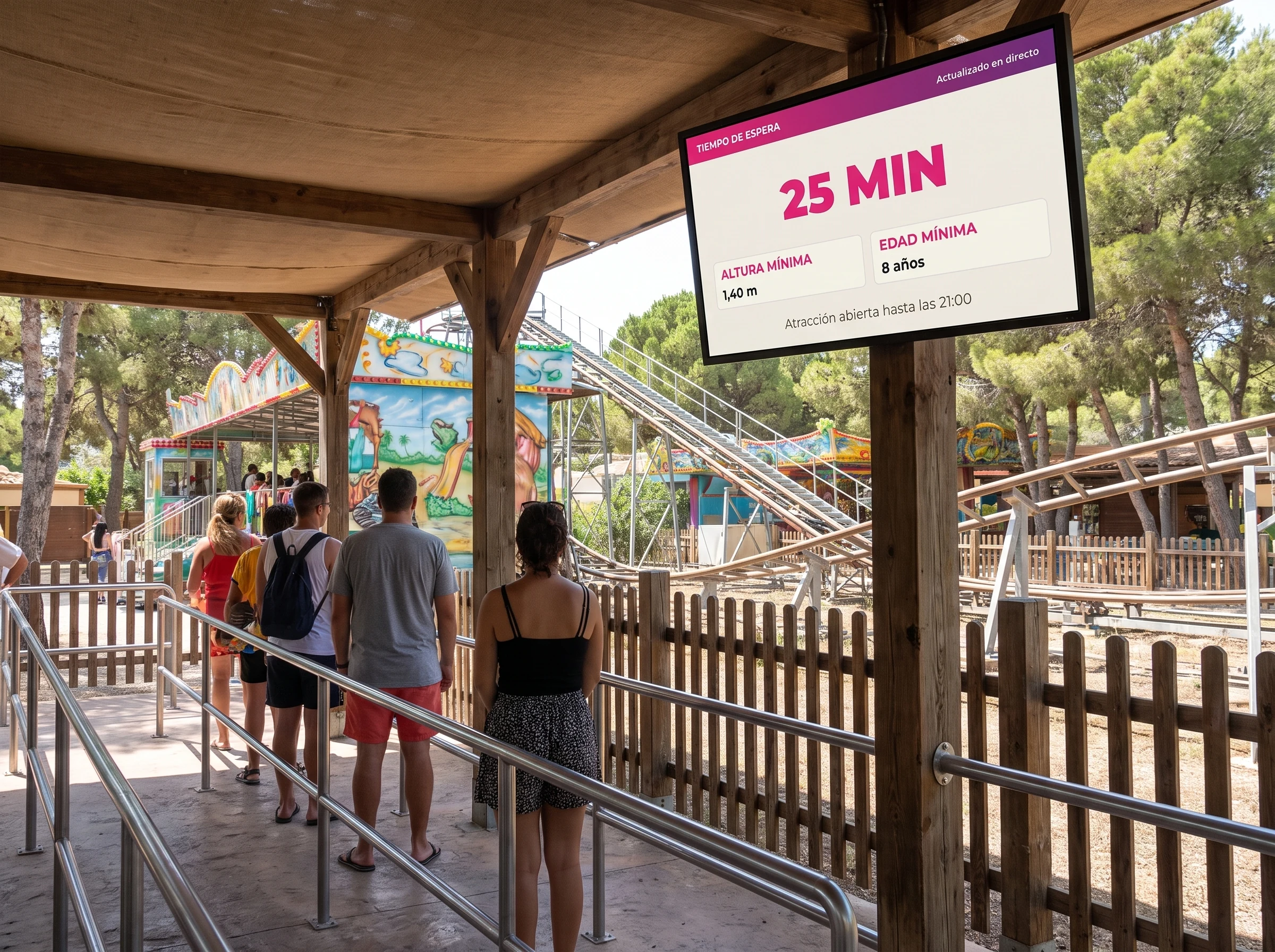 Pantalla de cartelería digital a la entrada de la cola de una atracción en un parque, con una espera de 25 minutos y la altura y la edad mínimas