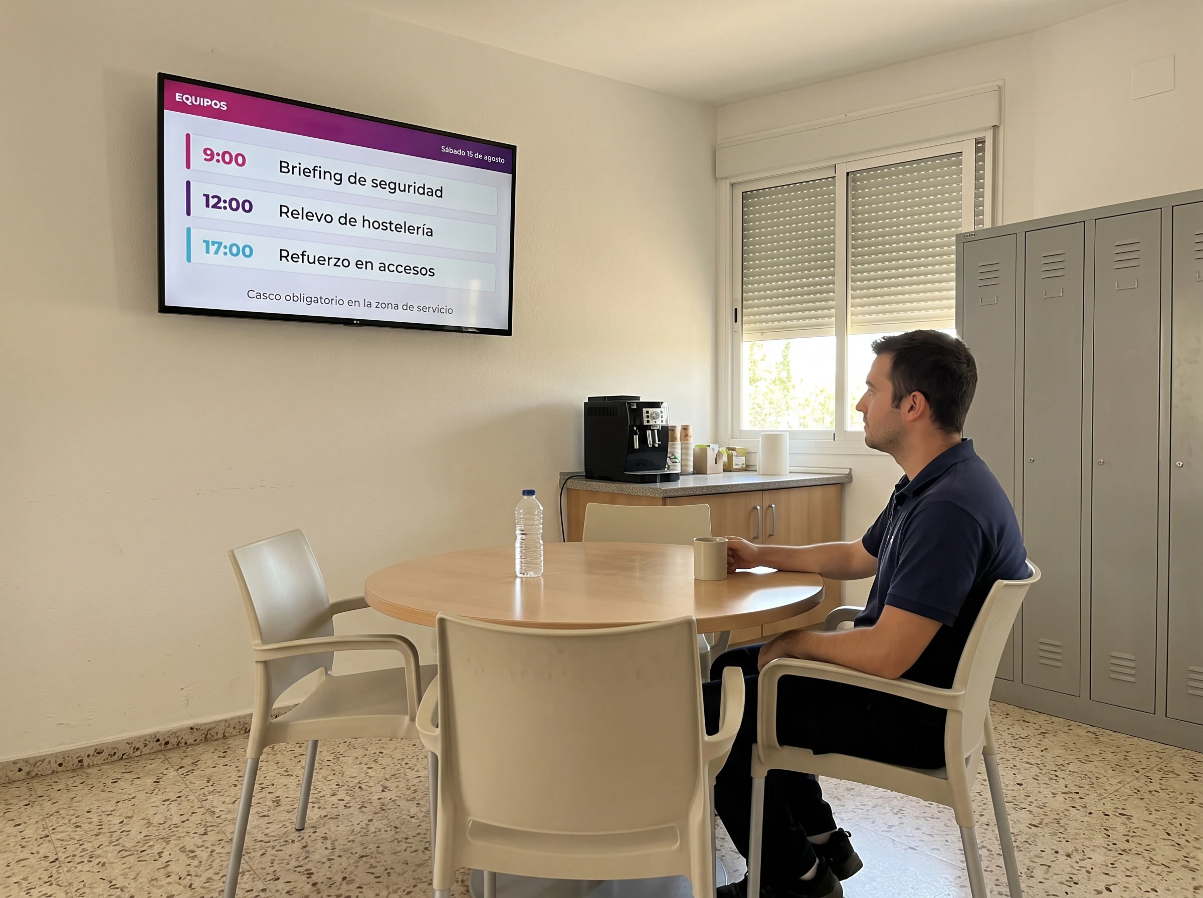 Pantalla de pared en la sala de descanso de un parque de atracciones, con el cuadrante de turnos del día y una instrucción de seguridad