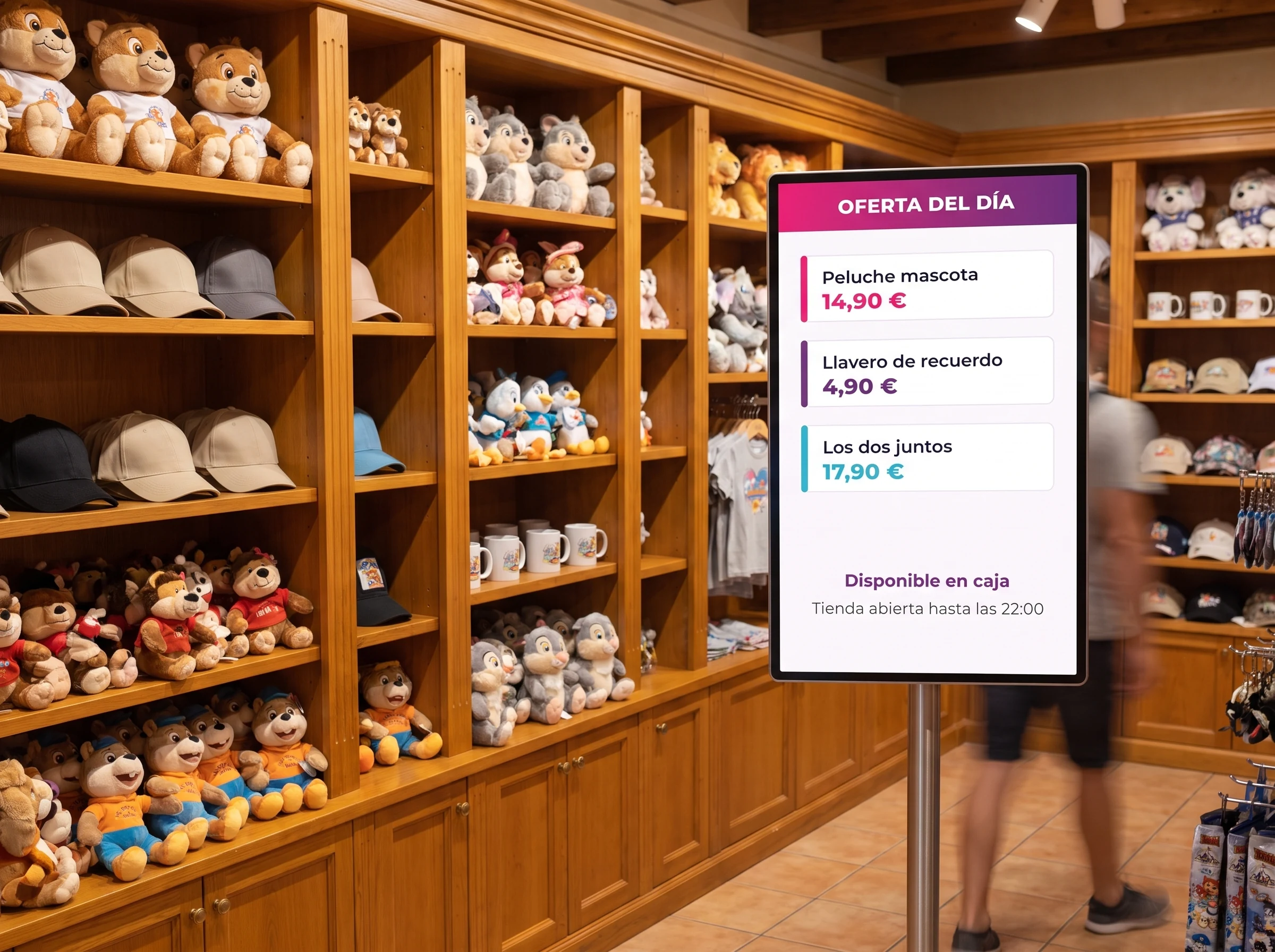 Tótem digital vertical en la tienda de recuerdos de un parque de atracciones, con la oferta del día y sus precios