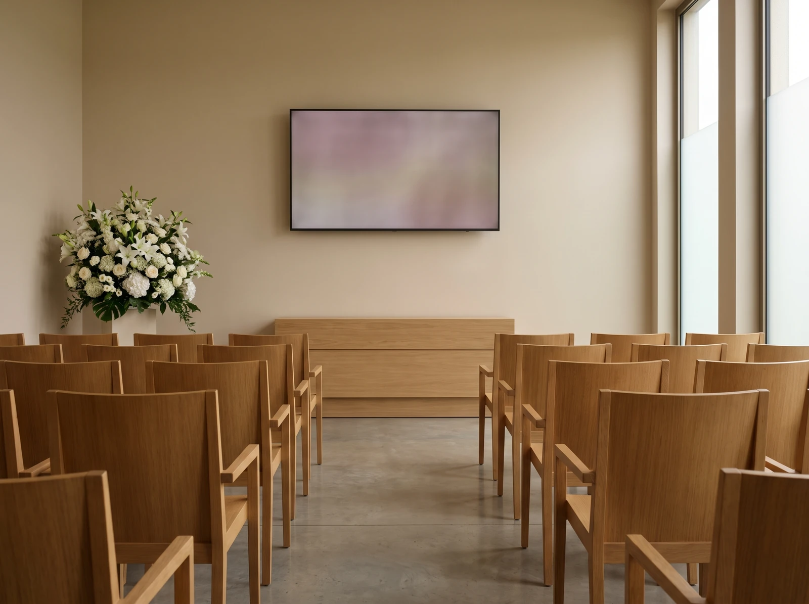 Salle de c&eacute;r&eacute;monie sobre &eacute;quip&eacute;e d&rsquo;un grand &eacute;cran