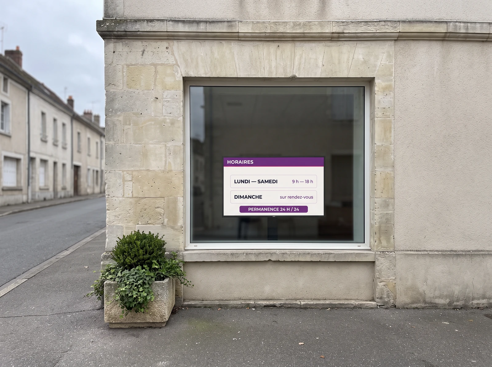 &Eacute;cran d&rsquo;information dans la devanture d&rsquo;une agence de pompes fun&egrave;bres, vue depuis le trottoir