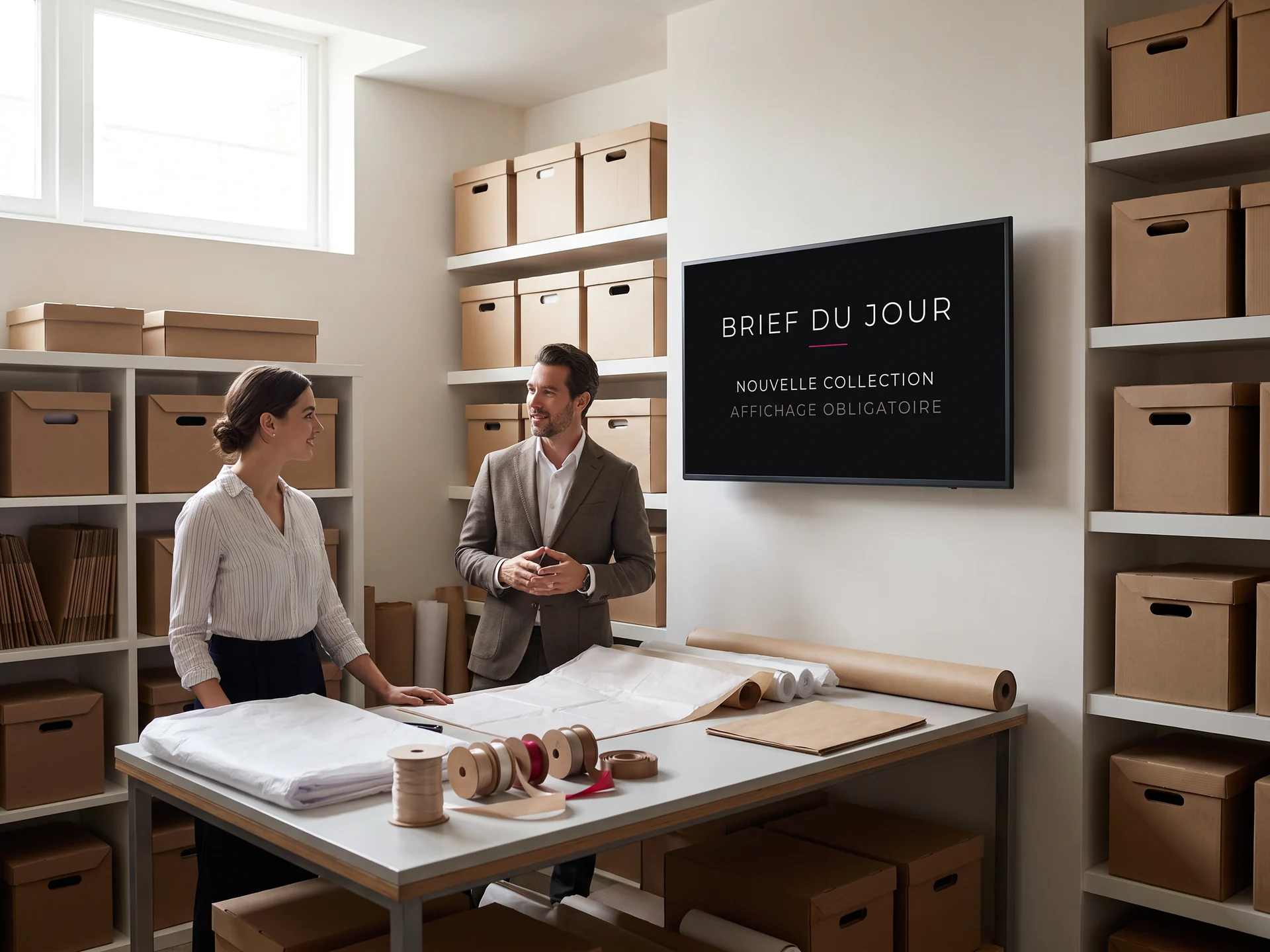 Arri&egrave;re-boutique d&rsquo;une maison de luxe : table d&rsquo;emballage, deux vendeurs et un &eacute;cran de brief au mur