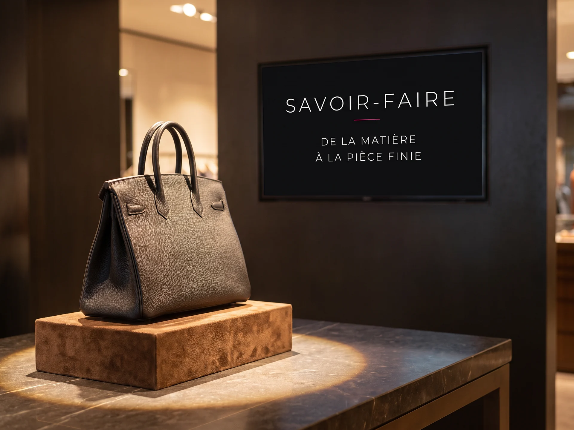 Sac en cuir sur un pr&eacute;sentoir en su&eacute;dine, avec un &eacute;cran de pr&eacute;sentation du savoir-faire derri&egrave;re