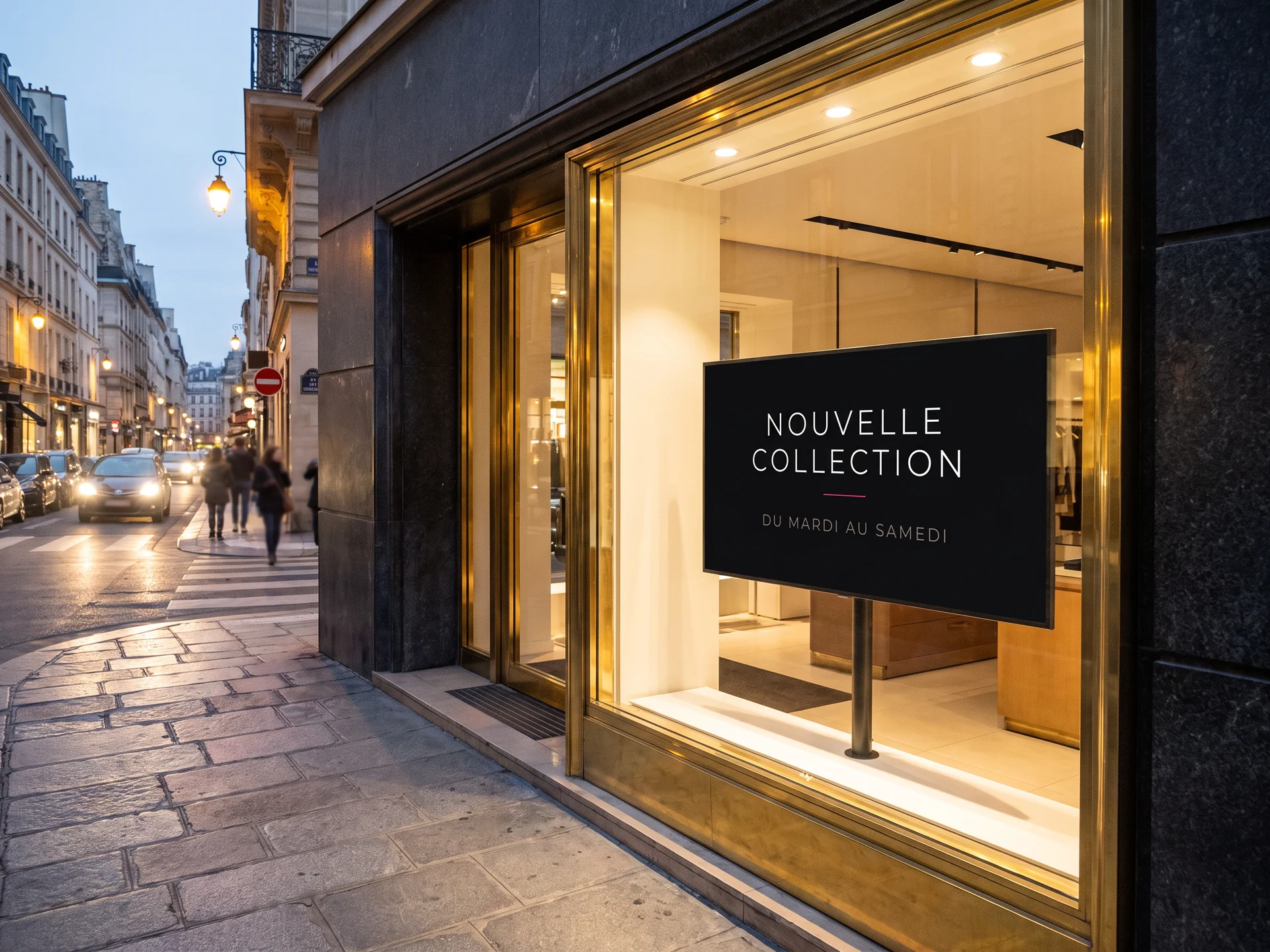 &Eacute;cran d&rsquo;affichage dynamique en devanture d&rsquo;une boutique de luxe, vu du trottoir au cr&eacute;puscule