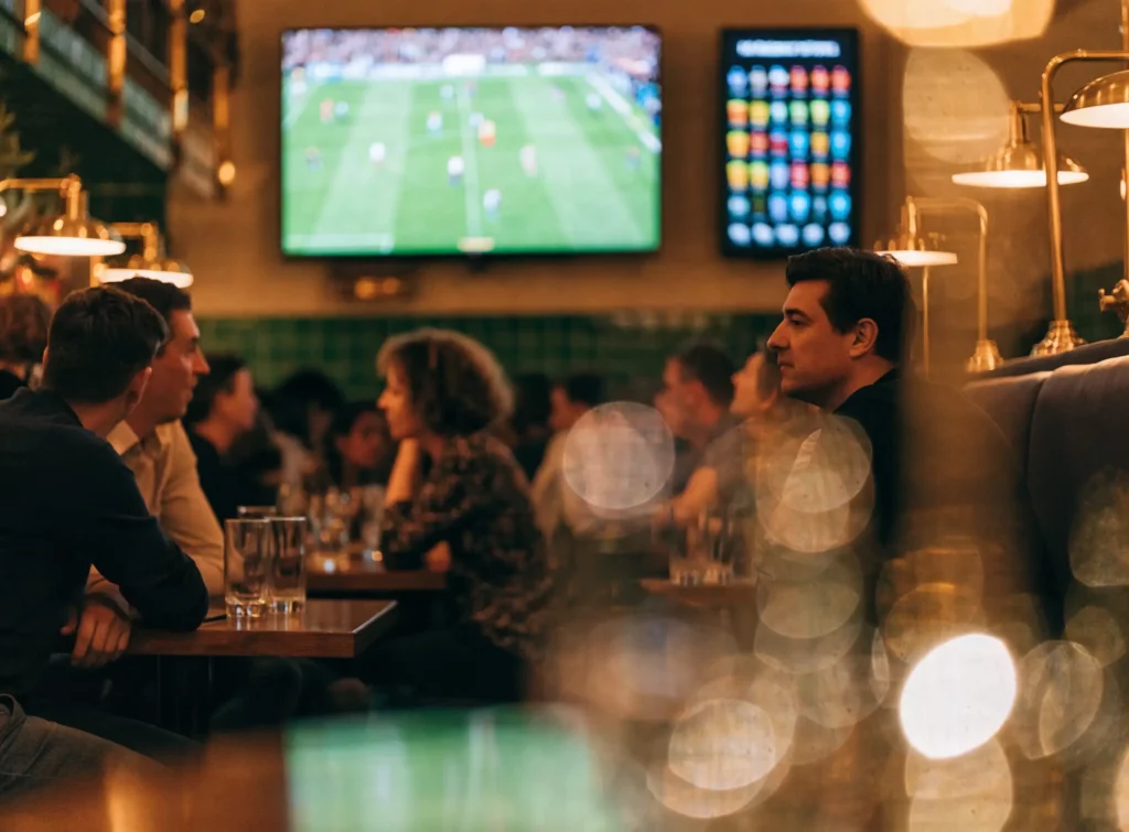 A live football match on the large screen of a brasserie and, right beside it, a vertical screen showing the drinks menu