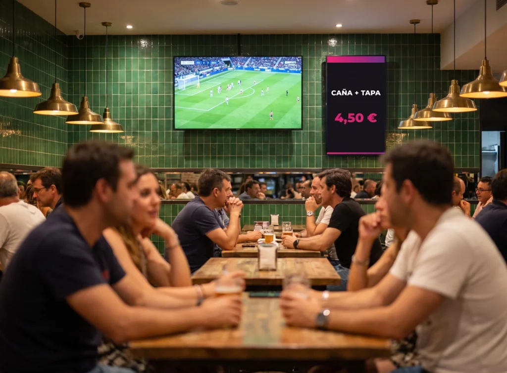 Un partido de fútbol en directo en la pantalla grande de una cervecería y, justo al lado, una pantalla vertical con la carta de bebidas