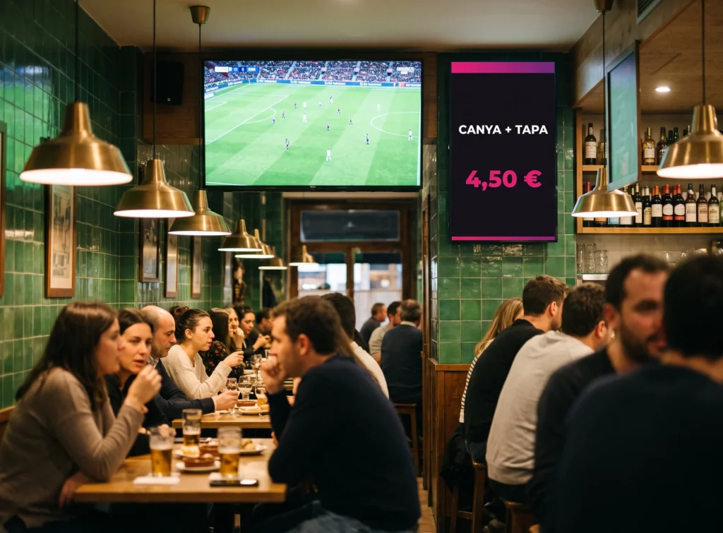Un partit de futbol en directe a la pantalla gran d'una cerveseria i, just al costat, una pantalla vertical amb la carta de begudes