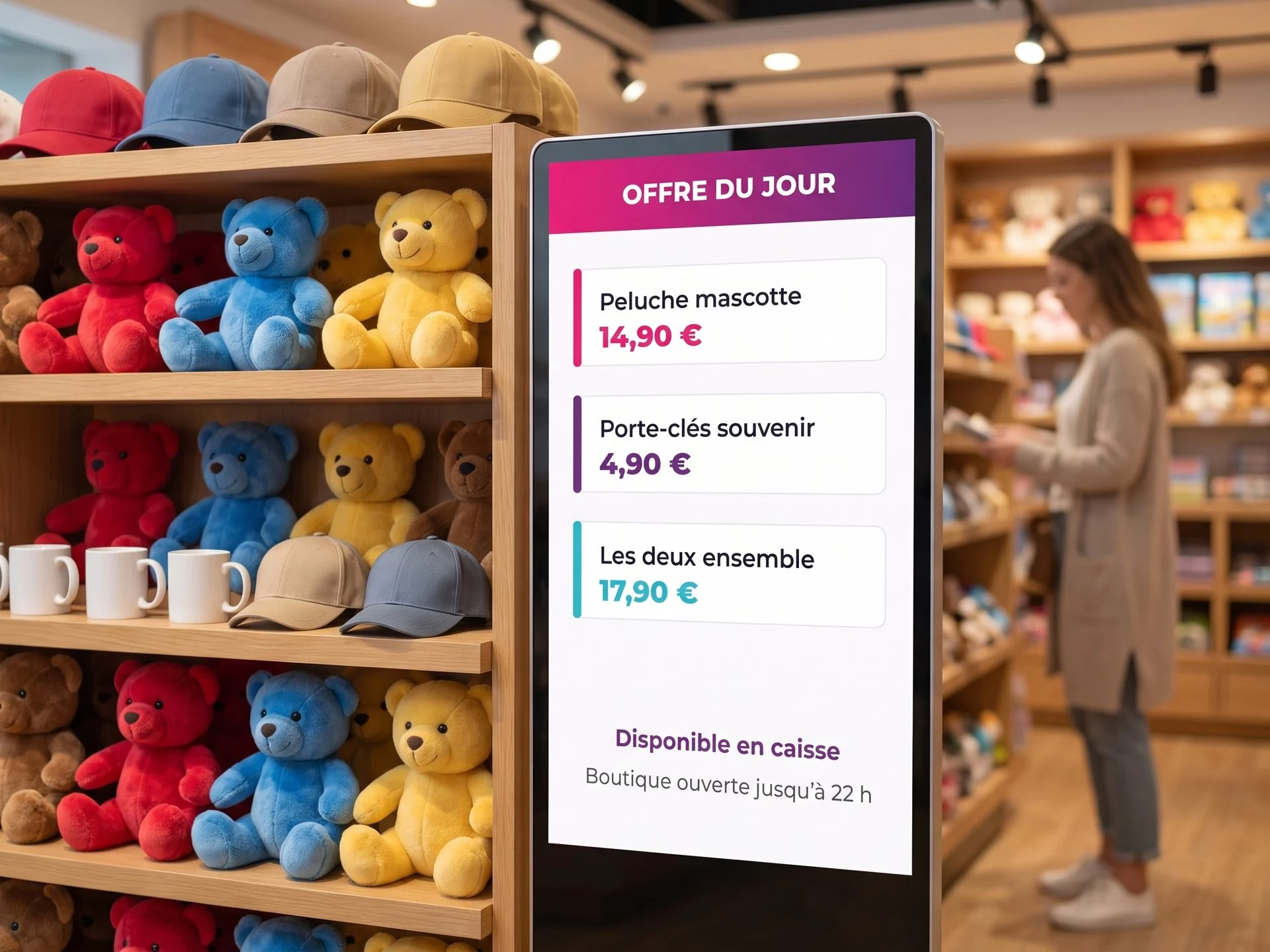 Totem d’affichage dynamique au format portrait dans la boutique souvenirs d’un parc, présentant l’offre du jour et ses prix