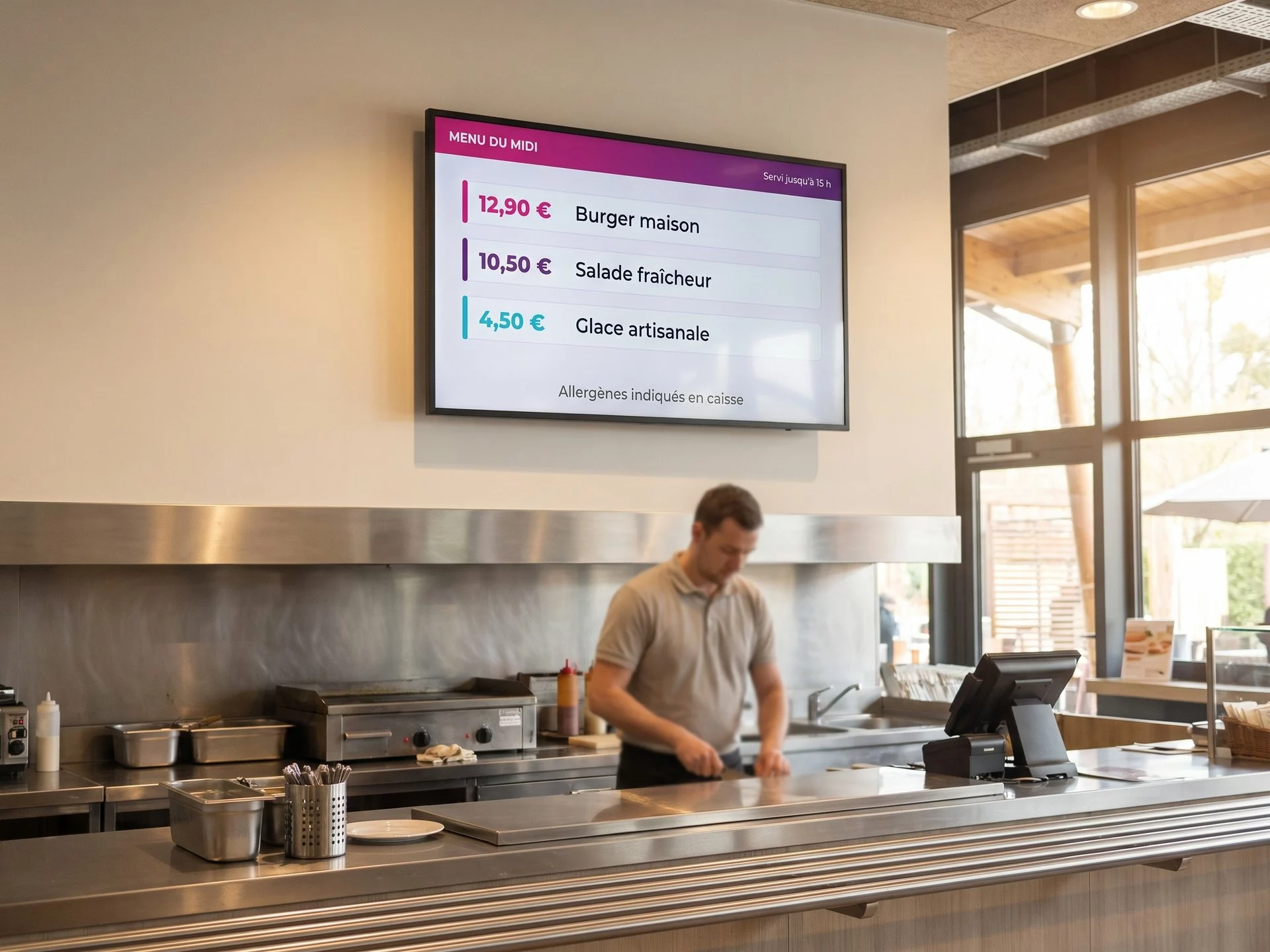 Écran de menu board au-dessus du comptoir d’un restaurant de parc de loisirs, affichant trois plats et leurs prix