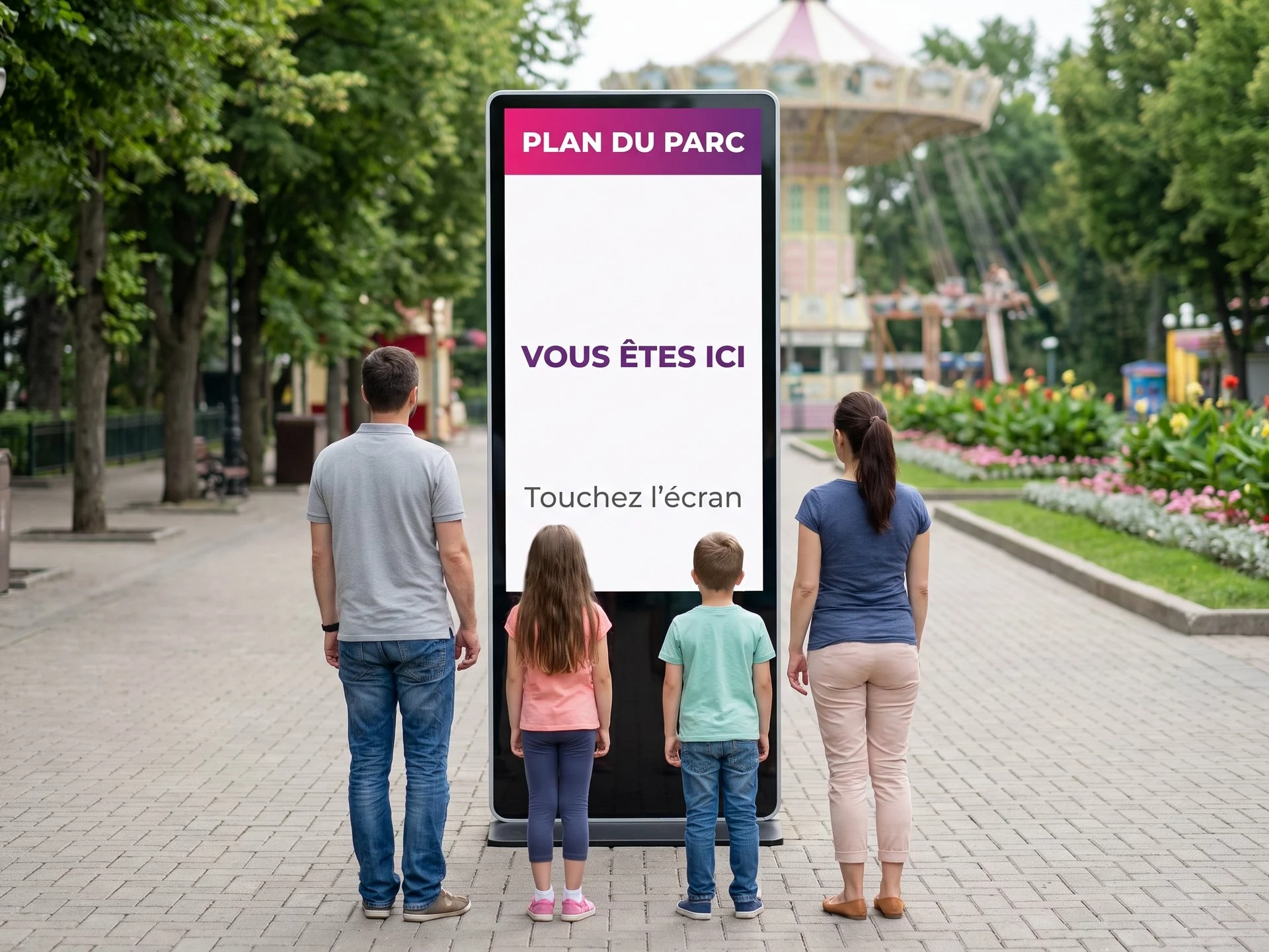 Totem tactile au format portrait au milieu d&rsquo;une all&eacute;e de parc, affichant le plan et invitant &agrave; toucher l&rsquo;&eacute;cran