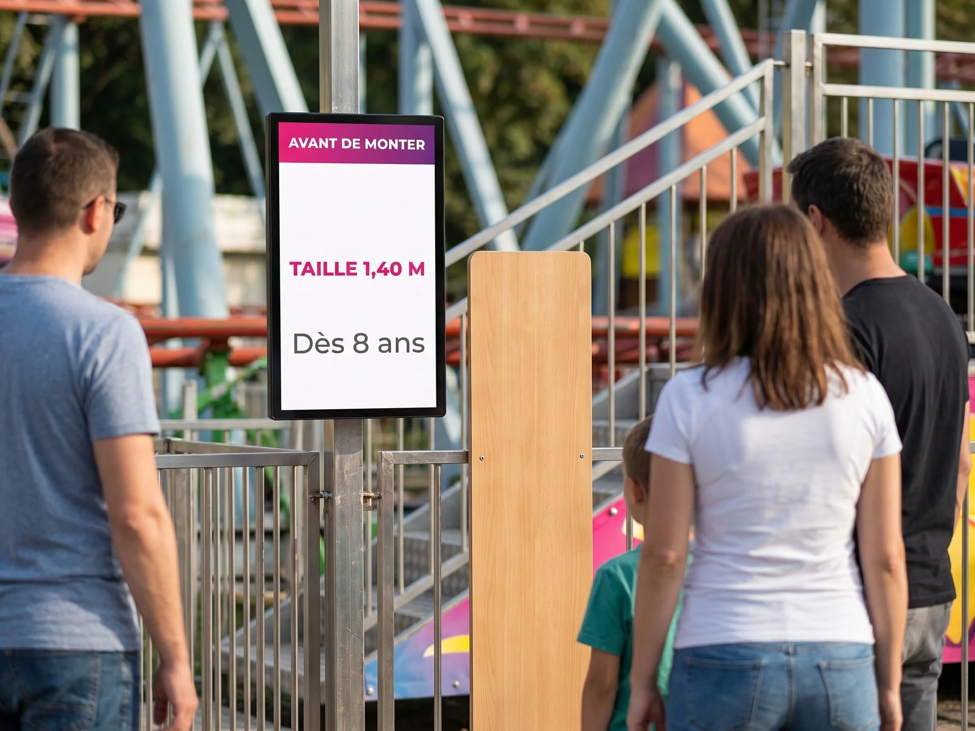 &Eacute;cran vertical &agrave; l&rsquo;entr&eacute;e d&rsquo;une attraction, &agrave; c&ocirc;t&eacute; d&rsquo;une toise, rappelant la taille et l&rsquo;&acirc;ge minimum