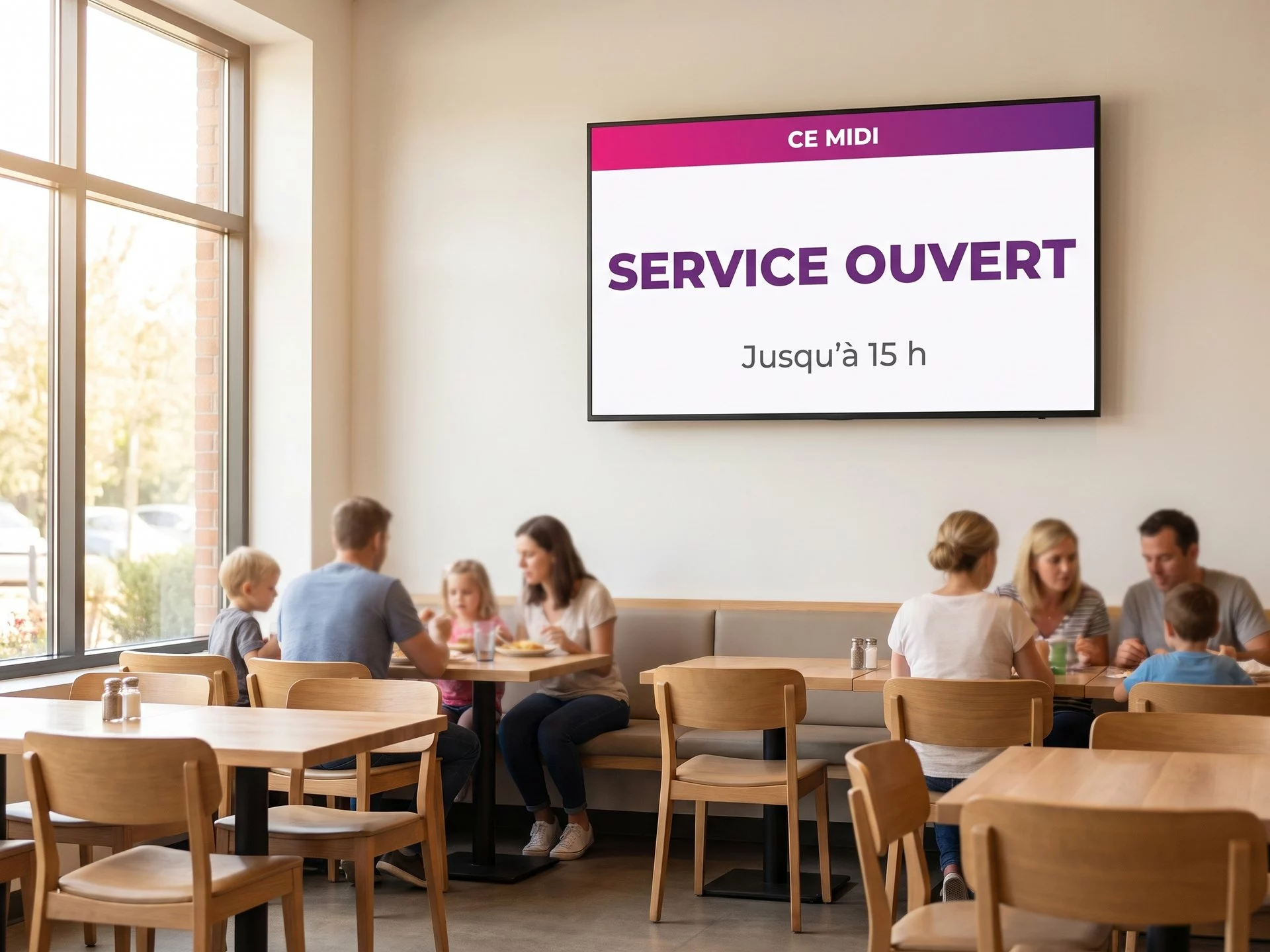 &Eacute;cran mural dans la salle d&rsquo;un restaurant de parc, annon&ccedil;ant que le service de midi est ouvert