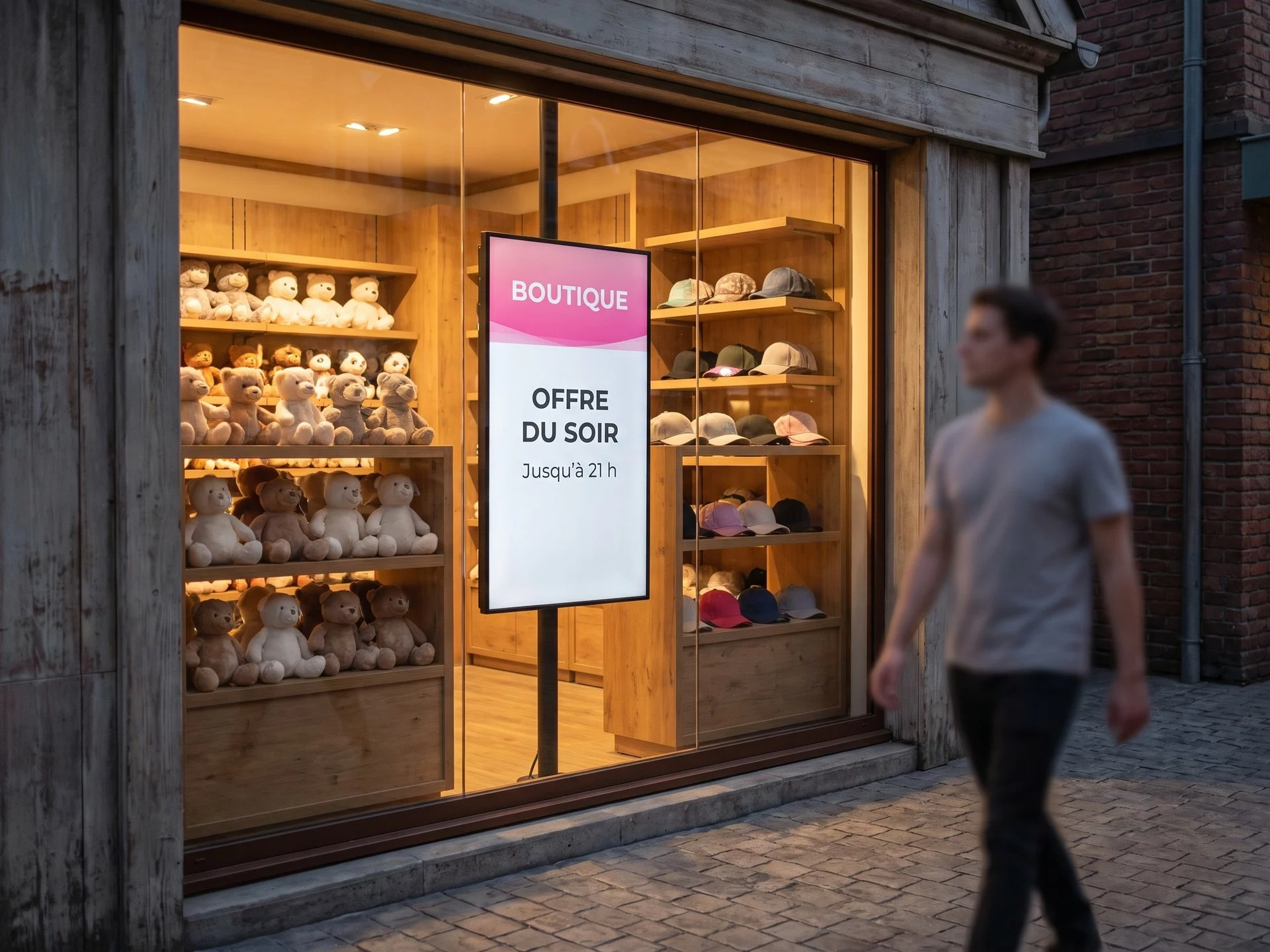 Vitrine d&rsquo;une boutique de parc &agrave; la tomb&eacute;e du jour, avec un &eacute;cran vertical derri&egrave;re la vitre annon&ccedil;ant l&rsquo;offre du soir