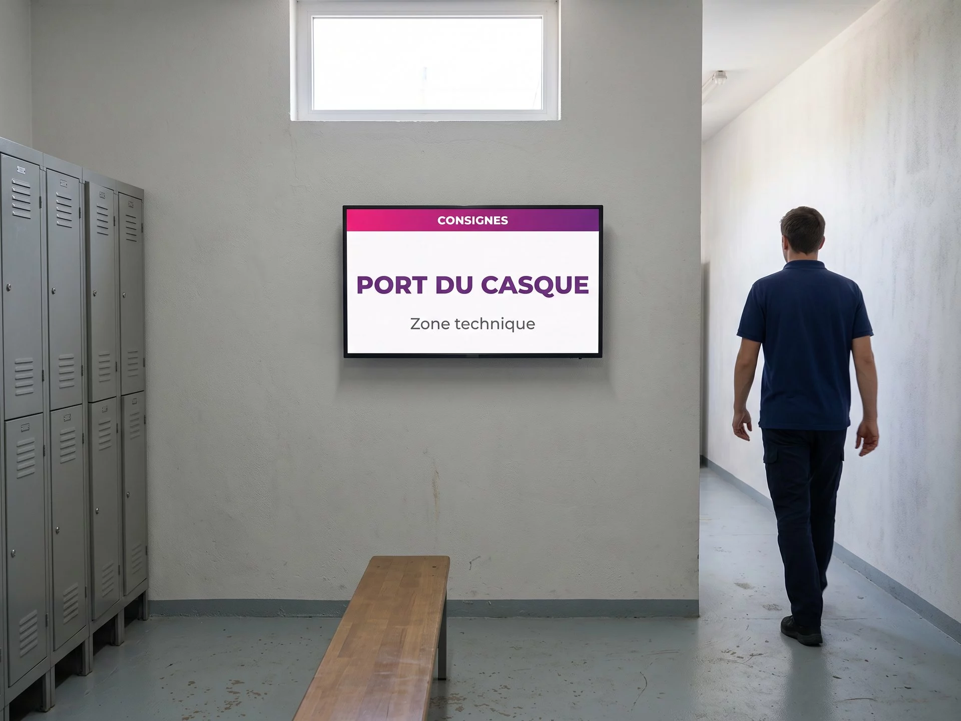 &Eacute;cran mural dans le vestiaire du personnel d&rsquo;un parc, rappelant le port du casque en zone technique