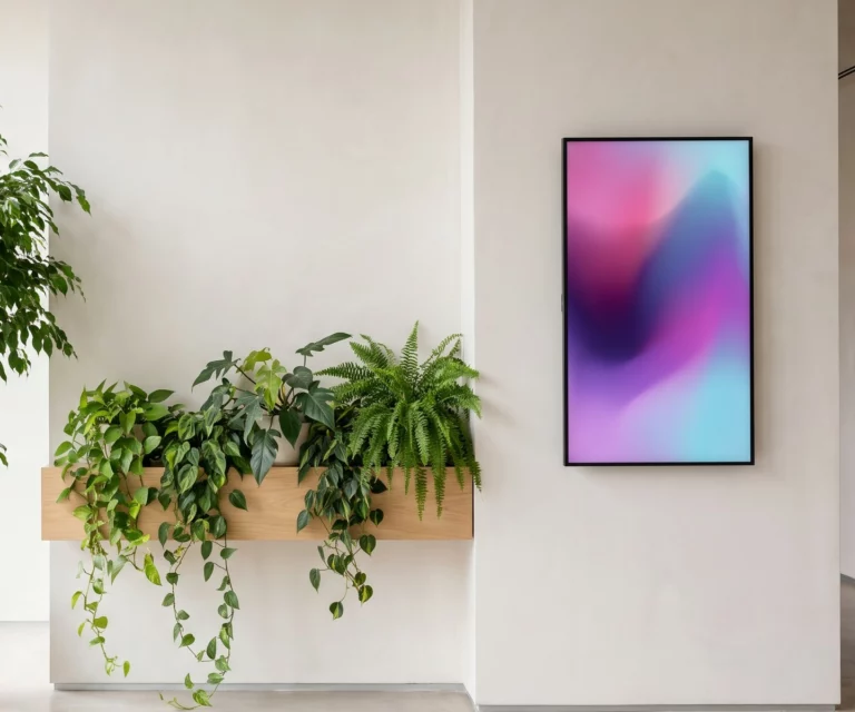 Green planter and a digital signage screen in a company lobby, EMITY's environmental commitment