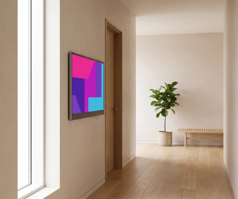 Plafó de tinta digital EMITY, mat i sense retroil·luminació, en un passadís d'oficina il·luminat amb llum natural