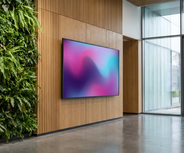 Jardinera verda i una pantalla de cartelleria digital al vestíbul d'una empresa, el compromís mediambiental d'EMITY