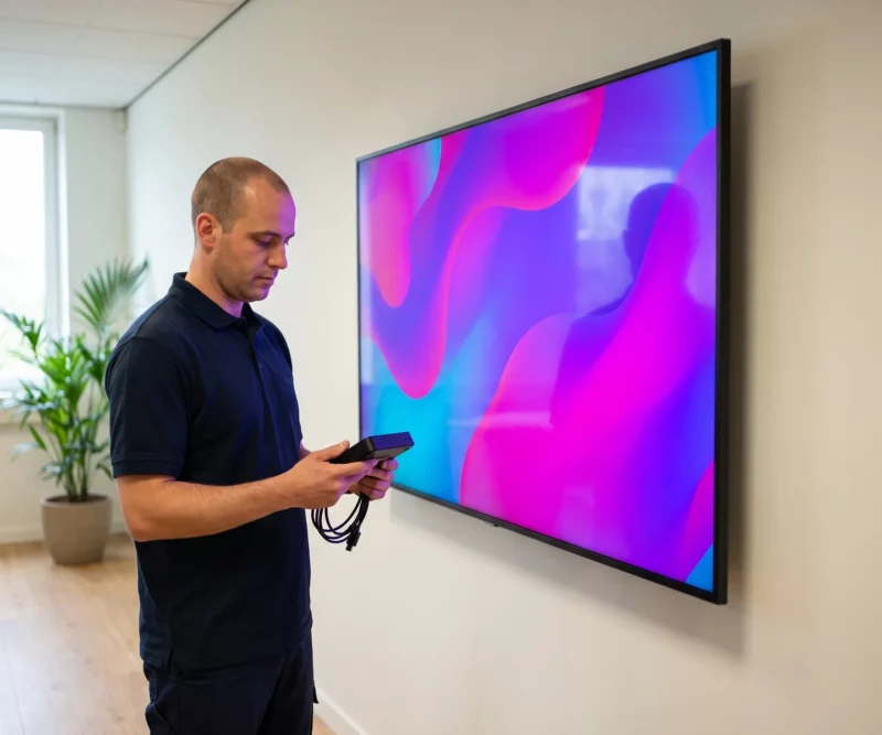 Tècnic connectant un reproductor EMITY a una pantalla ja instal·lada, per tornar a posar en servei un parc existent