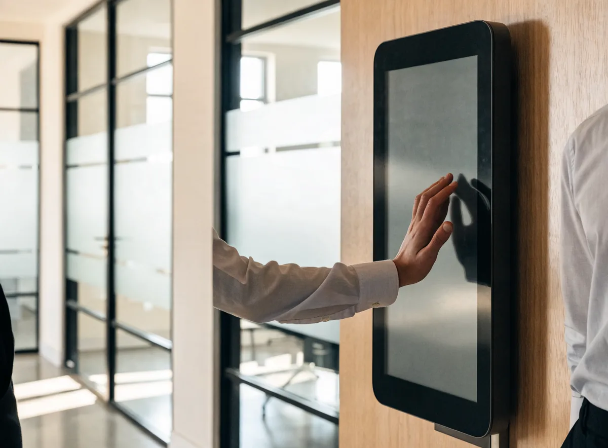 Collaborateur utilisant une borne tactile murale pour consulter les disponibilités des salles
